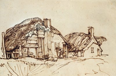 Zwei strohgedeckte Hütten mit Figuren am Fenster von Rembrandt van Rijn