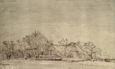 Winterlandschaft mit Hütten zwischen Bäumen, ca. 1650 von Rembrandt van Rijn