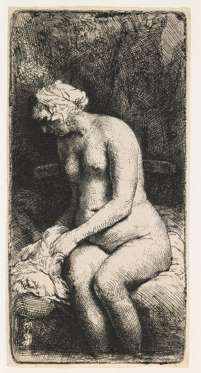Frau, die ihre Füße an einem Bach badet von Rembrandt van Rijn
