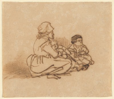 Frau sitzt auf dem Boden mit zwei Kindern von Rembrandt van Rijn