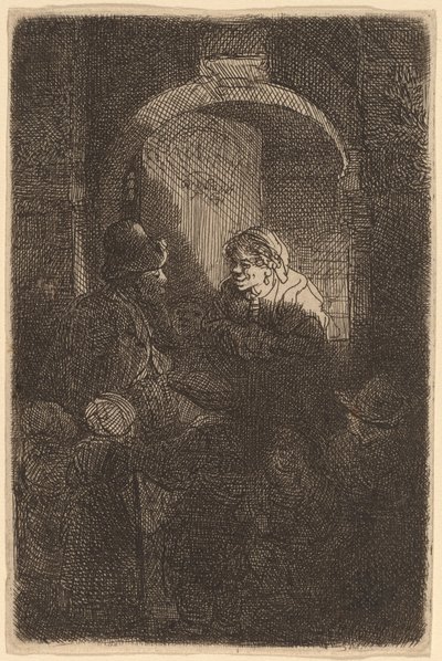 Frau an einer Türluke spricht mit einem Mann und Kindern (Der Schulmeister) von Rembrandt van Rijn