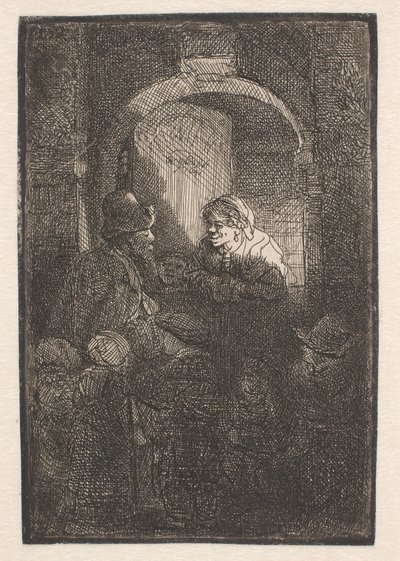 Frau an einer Türklappe spricht mit einem Mann und Kindern (Der "Schulmeister") von Rembrandt van Rijn