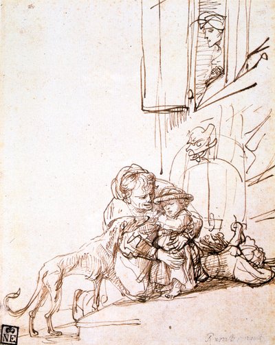 Frau mit einem Kind, das Angst vor einem Hund hat, 17. Jahrhundert von Rembrandt van Rijn
