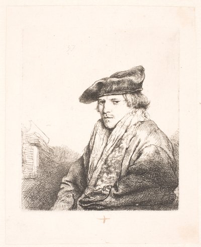 Junger Mann mit Samtkappe und Büchern neben ihm von Rembrandt van Rijn