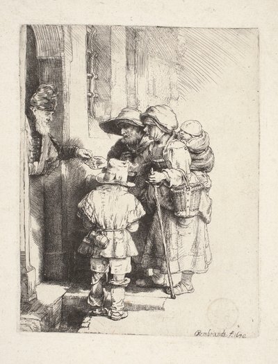 Bettler, die Almosen an der Tür erhalten von Rembrandt van Rijn