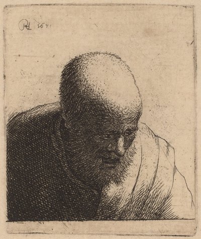 Glatzkopf mit offenem Mund, nach unten blickend von Rembrandt van Rijn and Studio of Rembrandt
