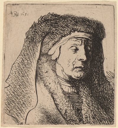 Büste einer alten Frau in einem Pelzmantel und schwerem Kopfschmuck von Rembrandt van Rijn and Studio of Rembrandt