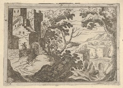 Landschaft mit Gebäuden links und einer Brücke rechts unten, ca. 1620-50 von Remigio Cantagallina