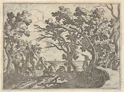 Landschaft mit Fischer an Land und männlichem Beobachter unter Bäumen, ein Mann in einem Boot von Remigio Cantagallina