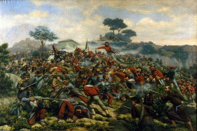 Risorgimento: die Schlacht von Calatafimi in Sizilien zwischen den Truppen von Giuseppe Garibaldi (1807-1882), den Tausend und der Armee des Königreichs beider Sizilien von Remigio Legat