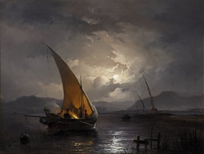 Eine nächtliche Landschaft mit einem Segelboot, in dem ein Feuer entzündet wird, nach 1860 von Remigius van Haanen