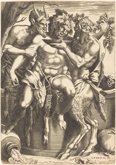Zwei Satyrn geben Bacchus zu trinken von René Boyvin after Luca Penni