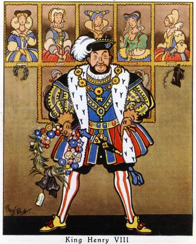 König Heinrich VIII. schmückt die Porträts seiner Frauen mit Stechpalmen, Misteln und einem Kranz für Weihnachten, 1936 von René Bull