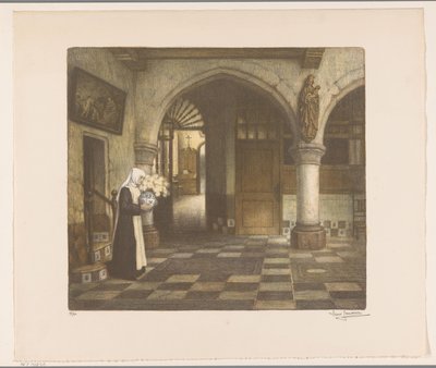 Nonne in einem Klosterflur mit einer Blumenvase von René Janssens (signed by artist)