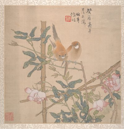Zwei Vögel auf einem blühenden Rosenstrauch, spätes 19. Jahrhundert von Ren Yi