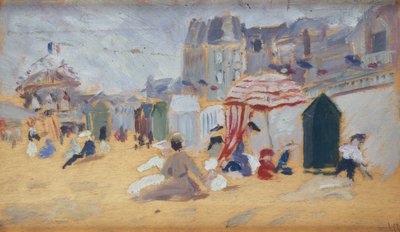 Sonnenschirme und Badehütten am Strand von René François Xavier Prinet