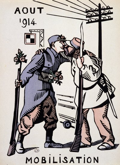 August 1914, Mobilmachung - Zeichnung von Herman Paul, in „Calendar of War“ ed. 1916 von Rene George Hermann Paul