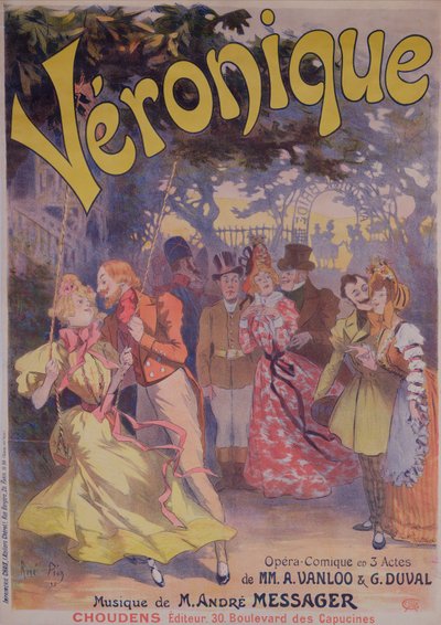 Plakat, das Veronique, eine komische Oper mit Texten von A. Vanloo und G. Duval und Musik von Andre Messager, bewirbt, 1898 von Rene Pean
