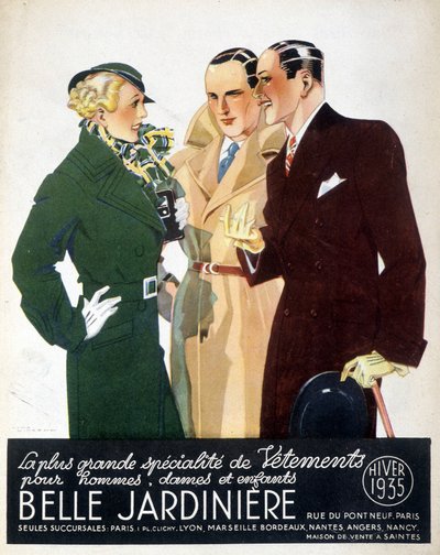 Werbung für „Die größte Spezialität der Kleidung für Männer, Damen und Kinder Belle Jardinière“, Winter 1935 von Rene Vincent
