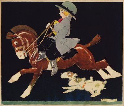 Mädchen reitet auf einem schnellen Pony, mit Hunden, die folgen von Rene Vincent