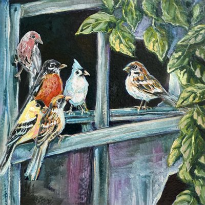 Bunte Vögel auf Fensterplatz von Renee Machan Cottagecore Artist