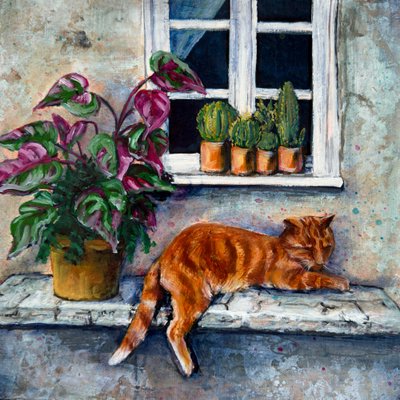 Orangene Katze im Fensterschlaf von Renee Machan Cottagecore Artist