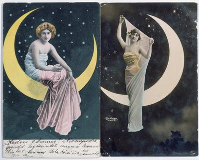 Ungarische (links) und französische (rechts) Postkarten, die eine Frau und einen Halbmond darstellen (ca. 1910) von Reutlinger Studio