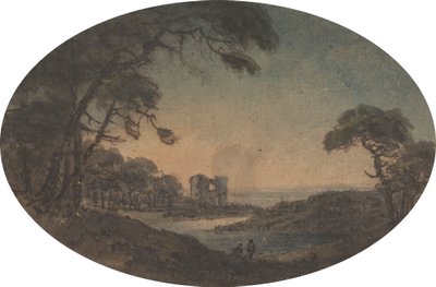 Landschaft mit zwei Männern und einer Burgruine am Flussufer von Rev. William Gilpin
