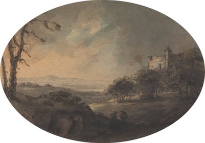 Landschaft mit zwei Männern auf einem Hügel und einer Burg in der Ferne von Rev. William Gilpin