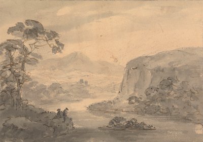 Gebirgslandschaft mit zwei Figuren, die auf einen See blicken von Rev. William Gilpin
