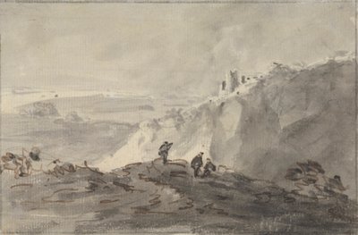 Drei Figuren in einer hügeligen Landschaft mit Ruinen, dahinter von Rev. William Gilpin