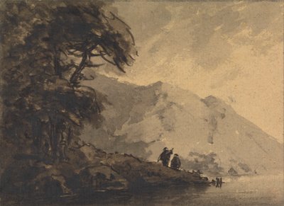 Zwei Figuren am Ufer mit Berg im Hintergrund von Rev. William Gilpin