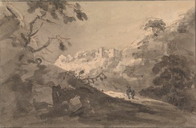 Zwei Figuren auf einer Straße mit Schloss in der Ferne von Rev. William Gilpin