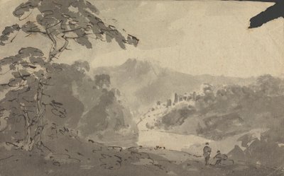 Zwei Männer blicken in eine Landschaft mit Schloss, Fluss und Bergszene von Rev. William Gilpin