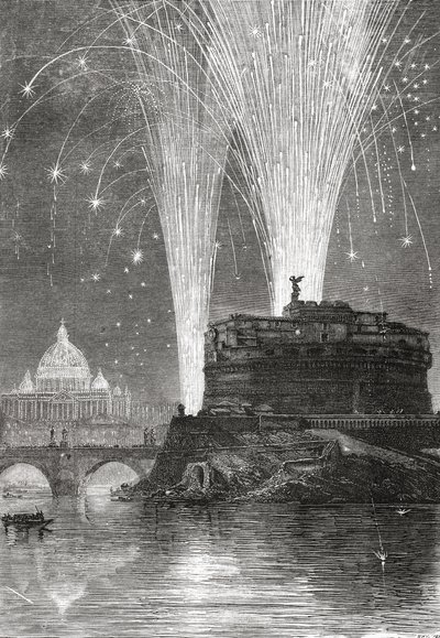 Beleuchtung von St. Peter und Feuerwerk auf der Engelsburg, Rom, Italien im späten 19. Jahrhundert. Aus Italienische Bilder von Rev. Samuel Manning, veröffentlicht um 1890. von Reverend Samuel Manning