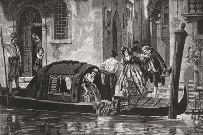 Passagiere steigen aus einer Gondel am Canal Grande, Venedig, Italien im späten 19. Jahrhundert. Aus Italienische Bilder von Rev. Samuel Manning, veröffentlicht ca. 1890. von Reverend Samuel Manning