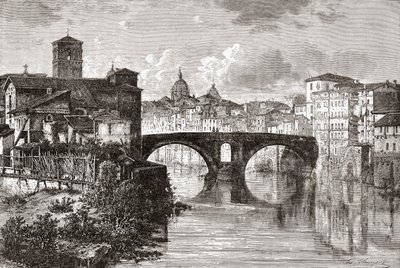 Die Pons Fabricius, oder Ponte dei Quattro Capi, und die Tiberinsel, Rom, Italien im späten 19. Jahrhundert. Aus Italienische Bilder von Rev. Samuel Manning, veröffentlicht um 1890. von Reverend Samuel Manning