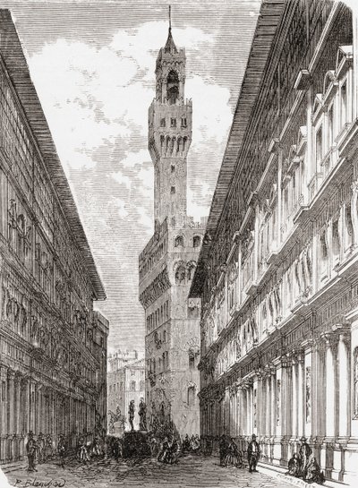 Die Uffizien, der Palazzo Vecchio und Statuen auf der Piazza della Signoria, Florenz, Italien im späten 19. Jahrhundert. Aus 