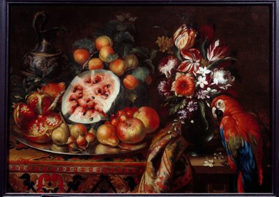 Stillleben mit rotem Papagei und Früchten von Reynaud Levieux