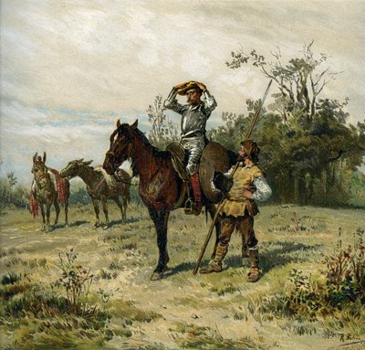 Don Quijote reitet auf Rossinante, trägt seinen Helm, Sancho Panza trägt seine Lanze von Ricardo Balaca