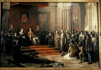 Kolumbus mit den katholischen Königen (Isabella und Fernando) von... von Ricardo Balaca y Canseco