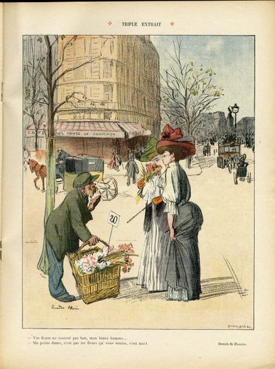 Illustration von Ricardo Flores (1878-1918) in Le Rire, 25/04/08 - Dreifacher Auszug - Architektur Urbanismus, Mode, Hut, Transport, Blumen, Geschäfte von Ricardo Flores