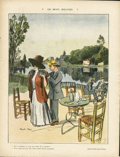 Illustration von Ricardo Flores (1878-1918) in Le Rire, 04.07.08 - Schöne Sonntage - Freizeit, Natur Vegetation, Architektur Urbanismus, Restaurant Cafés, Maritim Marine Küste von Ricardo Flores