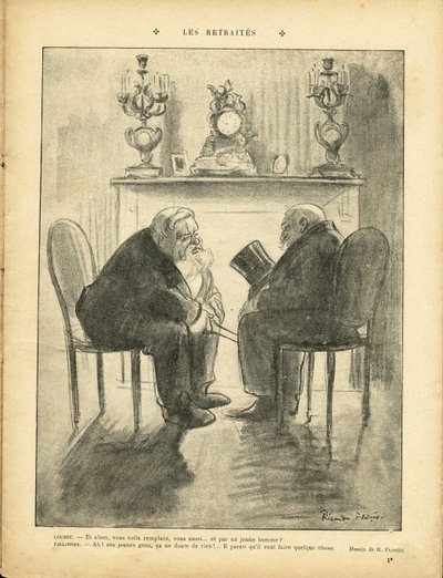 Illustration von Ricardo Flores (1878-1918) in Le Rire, 22/02/13 - Pensionen - Präsident der Republik - Fallieres Armand (1841-1931), Loubet Emile von Ricardo Flores