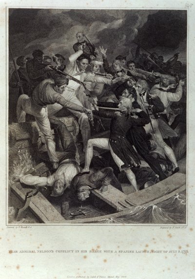 Konflikt von Konteradmiral Nelson in seiner Barke mit einem spanischen Boot, Nacht des 3. Juli 1797, graviert von A. Smith, veröffentlicht von Cadell & Davies, Mai 1809 von Richard (after) Westall