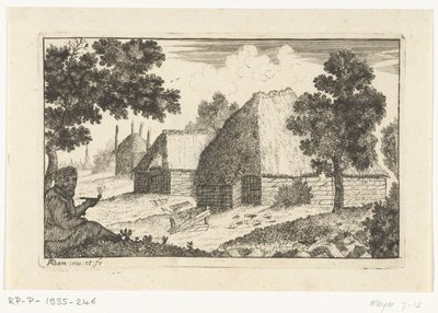 Zwei Bauernhäuser mit einem Pfeife rauchenden Mann (Bauernhäuser) von Richard Adam