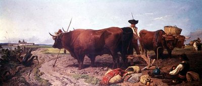 Pflügen in Spanien, Mittagsruhe mit Sevilla im Hintergrund von Richard Ansdell
