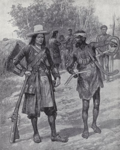 William Dampier mit einem indigenen Mann während seiner Erkundung Australiens, Ende des 17. Jahrhunderts von Richard Caton II (after) Woodville