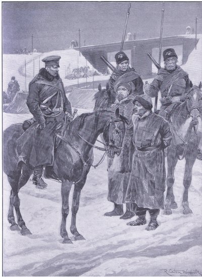 Verhaftung japanischer Spione, die als Kulis entdeckt wurden, Illustration aus Cassells Geschichte des Russisch-Japanischen Krieges Band 1, ca. 1900 von Richard Caton Woodville