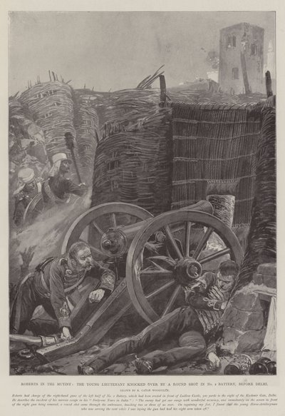 Roberts im Aufstand, der junge Leutnant von einer Kanonenkugel in Batterie Nr. 2 vor Delhi niedergeschlagen von Richard Caton Woodville junior